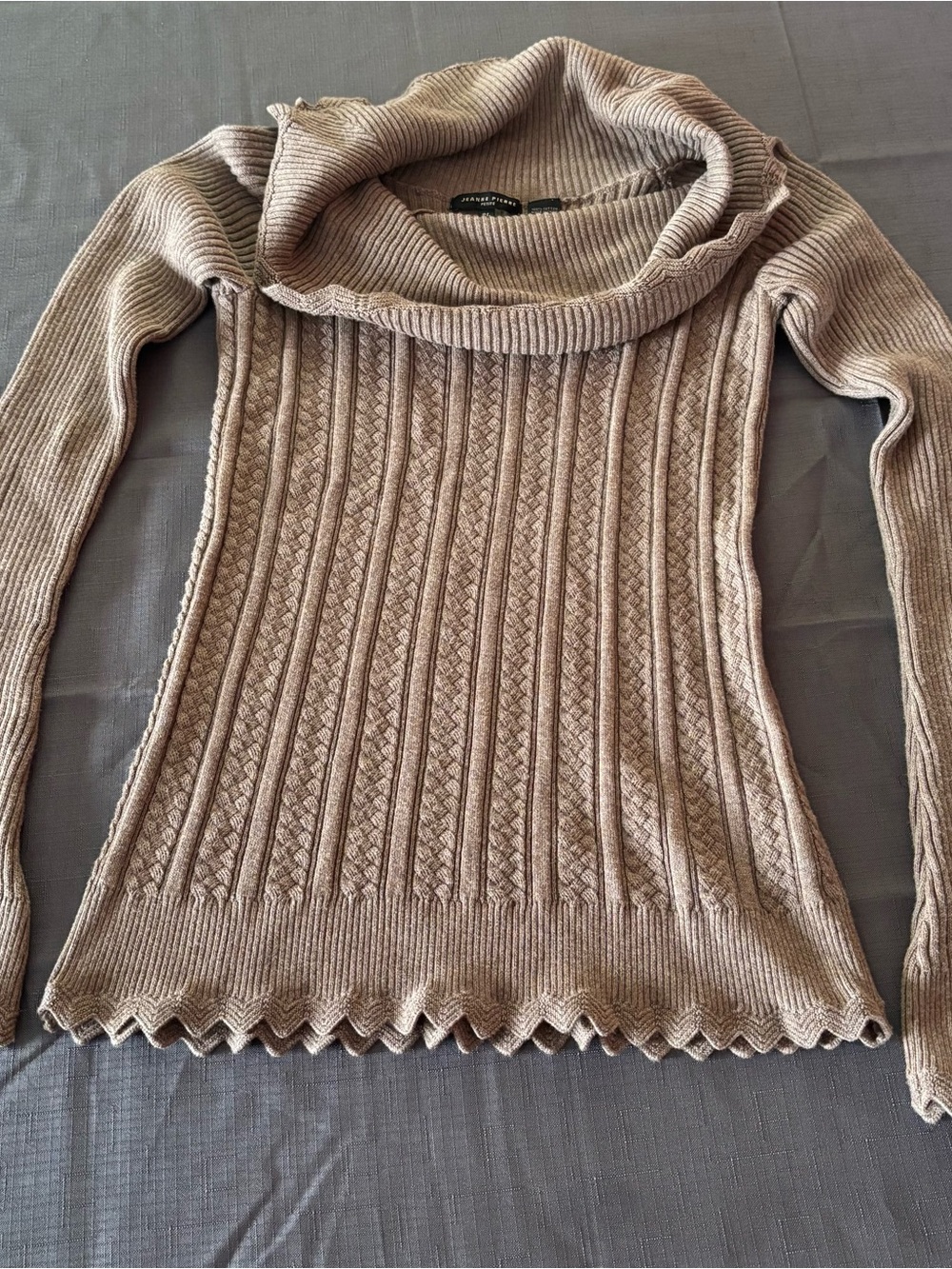 JEANNE PIERRE Taupe Ribbed Cable Cowl-Neck Sweater